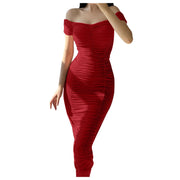 Elegant Pleated Bodycon Formal Dress Women's Off Shoulder Solid Color Gathered Slim Sexy Dress Women Girls Slim Birthday Dresses