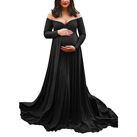 Womens Maternity Dress Sexy Off Shoulders Long Sleeve Photography Pregnants Dresses Solid Color Princess Dress Photo Props