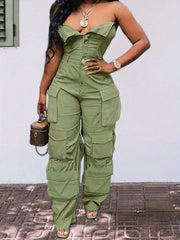 Solid Color Casual Overalls Jumpsuit, Sexy Straight Tube Tube Top Long Jumpsuit, With Pockets, Women's Wear
