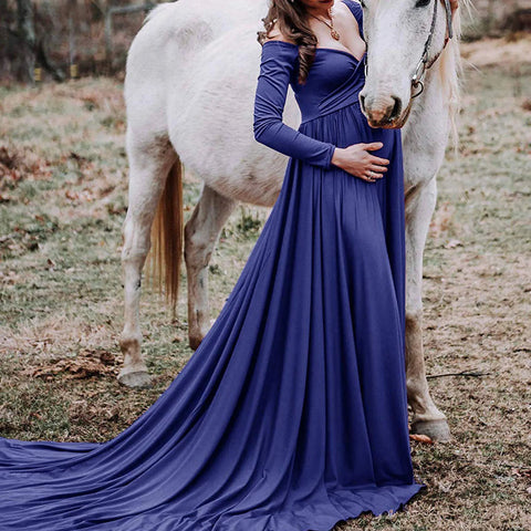 Womens Maternity Dress Sexy Off Shoulders Long Sleeve Photography Pregnants Dresses Solid Color Princess Dress Photo Props