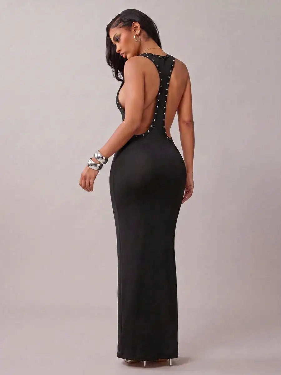 Metal Ring Cutout Backless Maxi Dress, Black – main view