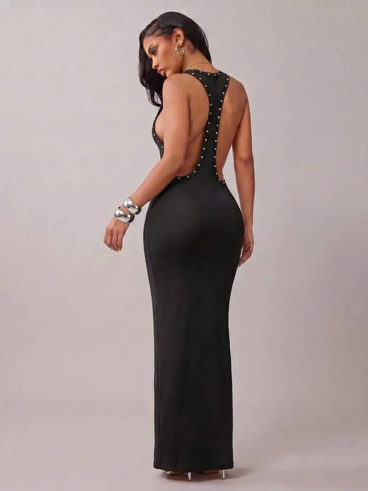 Metal Ring Cutout Backless Maxi Dress, Black – main view