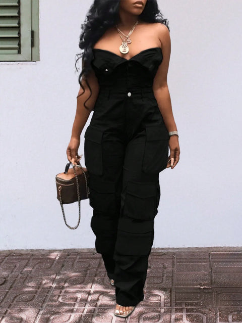 Solid Color Casual Overalls Jumpsuit, Sexy Straight Tube Tube Top Long Jumpsuit, With Pockets, Women's Wear