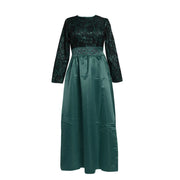 Ethnic Style Muslim Maxi Robe Women Lace Spliced Long Sleeved Elegant Temperamental High Waist Saudi Arabia Muslim Maxi Dress