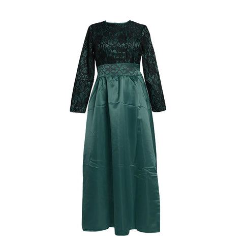Ethnic Style Muslim Maxi Robe Women Lace Spliced Long Sleeved Elegant Temperamental High Waist Saudi Arabia Muslim Maxi Dress