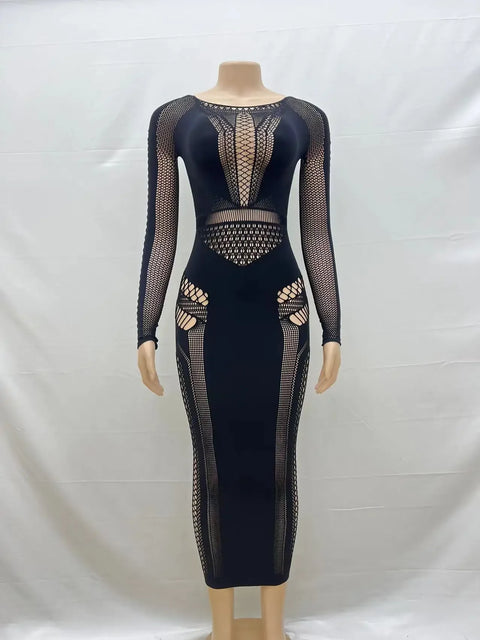Women Full Sleeve Long Dress Mesh Hollow Out 2024 Fall O-neck Evening Vestidos Sexy Party Club Maxi Dresses Vestidos