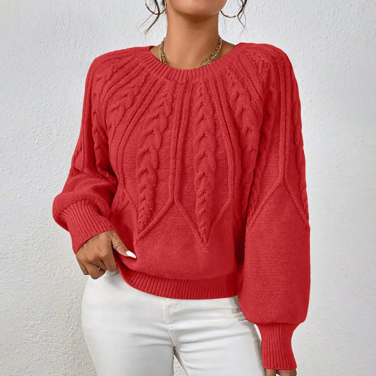 Cable Knit Puff Sleeve Crewneck Sweater – view 8 of 20