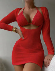 2025 Beach Skirt Swimsuit Women White Three-Piece Bikini Sexy Mesh Long Sleeve Hollow Out Bathing Suit Swimwear Summer Beachwear