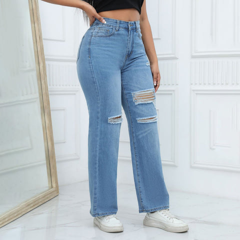Women'S Ripped Boyfriend Jeans Draping Straight Leg Jeans Ladies Stretch Hole Denim Trousers Button Pocket High Rise Pant