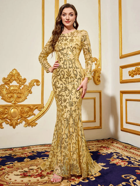 Party Dresses Luxury Women Sequin Dress Purple Round Neck Long Evening Dress Long Sleeved Dress Celebrity Evening Dress Glitter