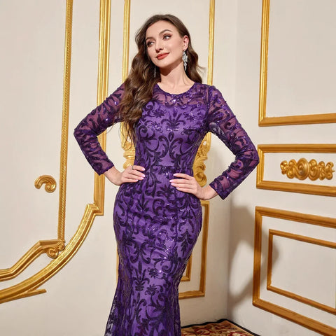 Party Dresses Luxury Women Sequin Dress Purple Round Neck Long Evening Dress Long Sleeved Dress Celebrity Evening Dress Glitter