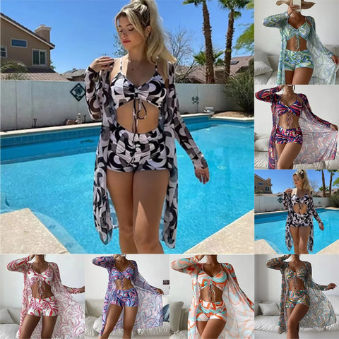 3 Pcs/Set Women Bikini Cover Up Set Contrast Color Long Sleeves Cover Up Spaghetti Strap Swimwear Set Water Activity Clothes