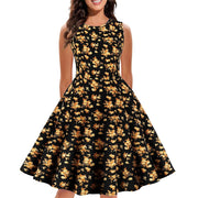 Retro Floral Print Summer Dress For Women Elegant Swing Rockabilly Party Dresses Sleeveless Casual Swing Evening Midi Dress