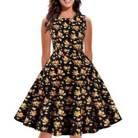 Retro Floral Print Summer Dress For Women Elegant Swing Rockabilly Party Dresses Sleeveless Casual Swing Evening Midi Dress