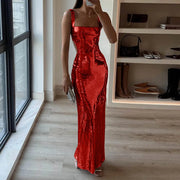 Sliver Sequins Formal Evening Dress for Women Fashion Square Neck SKinny Sleeveless Maxi Dress Female Bodycon Party Dresses
