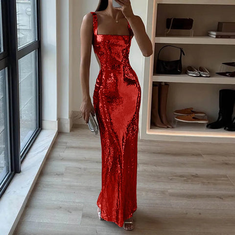 Sliver Sequins Formal Evening Dress for Women Fashion Square Neck SKinny Sleeveless Maxi Dress Female Bodycon Party Dresses