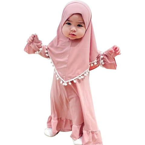 Girl Muslim Dress With Hijab For Newborn Infant Girls 0-6 Years Prayer Dress Muslim Clothes Long Sleeve Muslim Robe+Headscarf