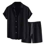Mens Casual Waffle Shirt Suit Two Piece Solid Short Sleeved Shirt And Shorts Suit Harajuku Casual T-Shirt And Shorts Set