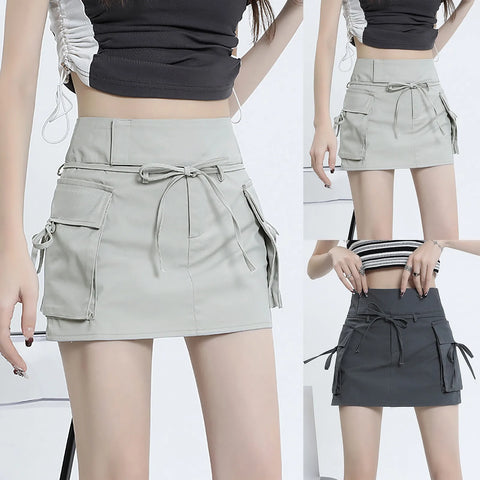 Hot Women Cargo Skirt High Waist Lace Up Harajuku Y2k Skirt With Pockets Fashion Streetwear Korean Bodycon Elastic Pencil Skirt