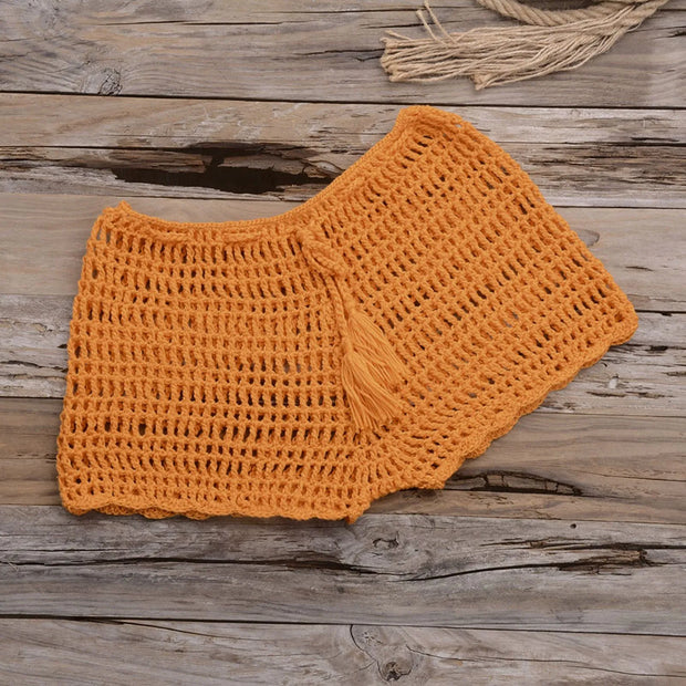Women's Summer Solid Color Handwoven Crochet Bikini  Shorts Beach Swimming Pants Stretchable Strap Hollow Flat Corner Pants