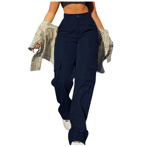 Women's Loose Cargo Pants High Waist Wide Leg Solid Color Full Length Trousers with Pockets Casual All Seasons Long Pants