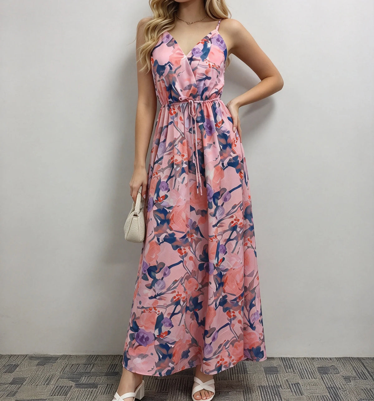 Floral V-Neck Tie Waist Slip Maxi Dress – main view