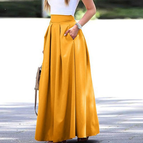 Spring Summer Office Lady Pleated Skirt Women High Waist A Line Floor Length Skirt Faldas With Pockets Solid Baggy Maxi Skirt