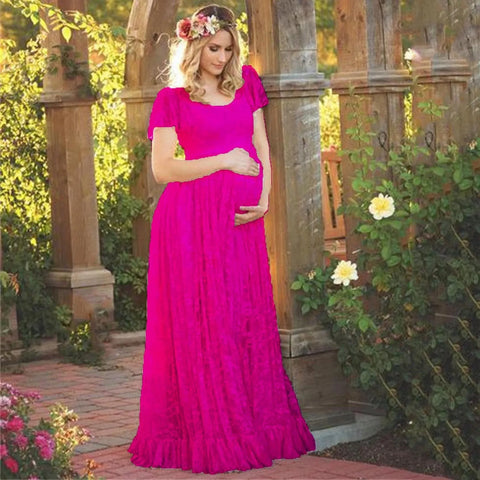 Maternity Lace Dress Women's Pregnancy Ruffles Short Sleeved Long Dress Elegant Photography Solid Color Dress PhotoShoot Dress