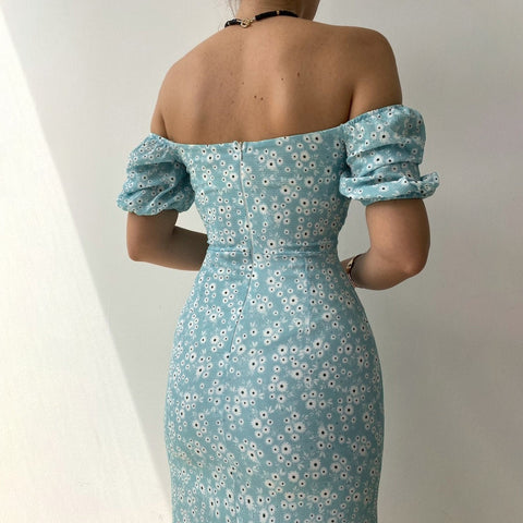 One Line Collar Holiday Dress Wrap Buttocks Slim Waist Dresses With Slit Temperament Chiffon Floral Dresses For Women Plus Size