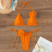 Halter 3D Rose Flower Decor Brazilian Bikini Women Sexy Low Waist Lace Up Split Two Pieces Swimwear Female Bathing Suits Swim
