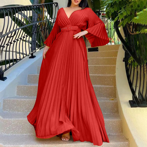 Women's Elegant White Evening Dress Deep V Neck Flare Sleeve Pleated Wedding Guest Dress With Belt Formal Dresses For Women
