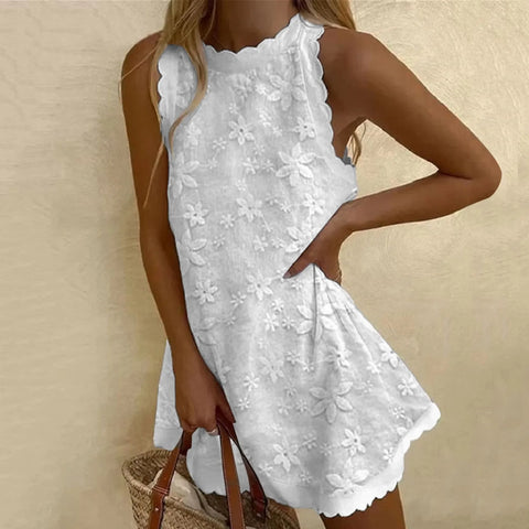 Casual Summer Women Dress Lace Elegant V Neck Sleeveless 3d Floral Embellishment Loose Mini Dresses For Women Clothing 2024