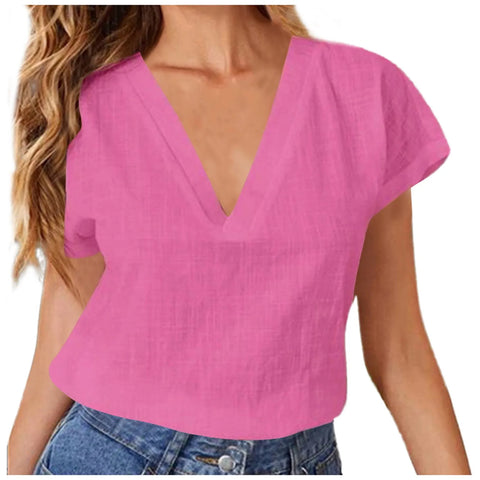 Summer Elegant Blouses For Women 2024 Women'S Summer Solid Color Linen Cotton Loose Half Sleeve Blusas Elegantes Para Mujer 2024