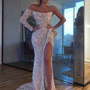 Elegant Sparkly Sequins Dresses Women 2023 Fashion Mermaid Slash Neck One Shoulder Wedding Prom Dress Slim Split Evening Dress
