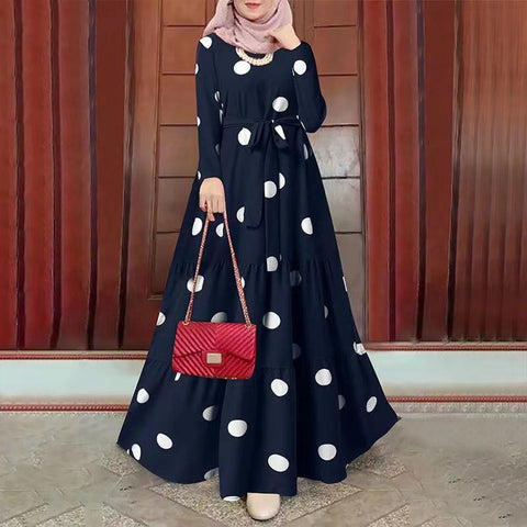 2025 Women Spring Muslim Dress Elegant Casual Loose Abaya Kaftan Sundress Long Sleeved Polka Dots Printed O-neck Maxi Robe