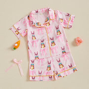 Summer Boy Girl Easter Satin Pajamas Set Bunny Print Short Sleeve Lapel Button Down Tops with Shorts Sleepwear