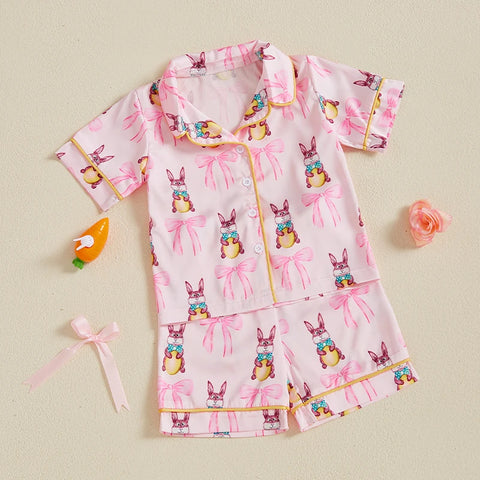 Summer Boy Girl Easter Satin Pajamas Set Bunny Print Short Sleeve Lapel Button Down Tops with Shorts Sleepwear