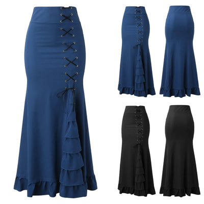 High Waist Midi Skirts for Women Spring Summer Slim Fit Hip Mermaid Skirt Woman Vintage Lace Up Ruffles Gothic Skirts Jupes