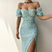 One Line Collar Holiday Dress Wrap Buttocks Slim Waist Dresses With Slit Temperament Chiffon Floral Dresses For Women Plus Size