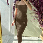Elegant Pleated Bodycon Formal Dress Women's Off Shoulder Solid Color Gathered Slim Sexy Dress Women Girls Slim Birthday Dresses