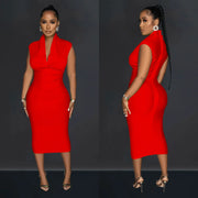 Women Draped Deep V-neck Sleeveless Bodycon Bandage Midi Dress 2023 Fashion Street Vestidos Sexy Party Evening Dresses