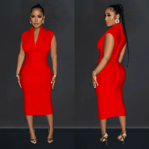 Women Draped Deep V-neck Sleeveless Bodycon Bandage Midi Dress 2023 Fashion Street Vestidos Sexy Party Evening Dresses