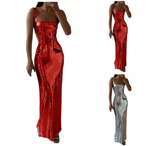 Women Sexy Sequin Bodycon Maxi Dress Fashion Square Neck Back Sleeveless Dresses Female Chic Women'S Plus Size Casual Dress