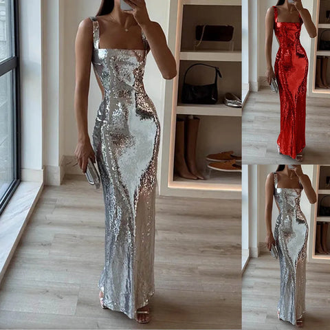 Women Sexy Sequin Bodycon Maxi Dress Fashion Square Neck Back Sleeveless Dresses Female Chic Women'S Plus Size Casual Dress