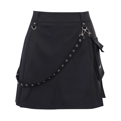 Women Gothic Skirt High Waist Punk Streetwear Streamer A-Line Skirt Nightclub Sexy Irregular Belted Black Faldas Pleated Skirt
