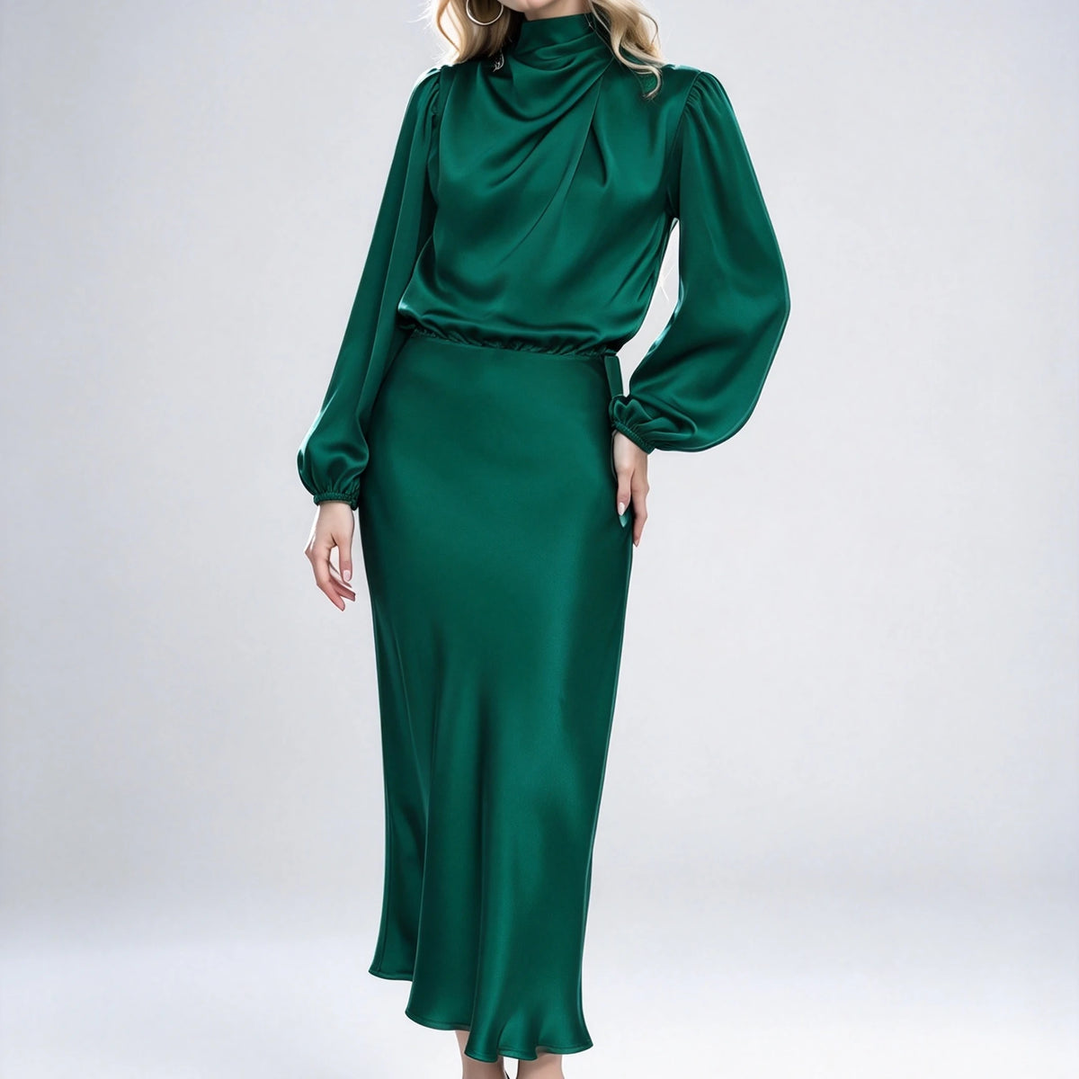 Draped High-Neck Satin Midi Dress – view 2 of 8