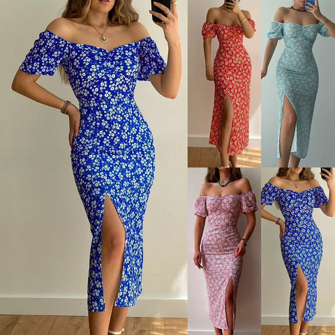 One Line Collar Holiday Dress Wrap Buttocks Slim Waist Dresses With Slit Temperament Chiffon Floral Dresses For Women Plus Size