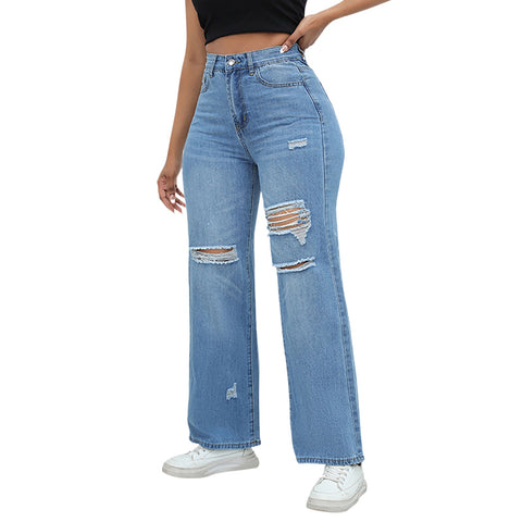 Women'S Ripped Boyfriend Jeans Draping Straight Leg Jeans Ladies Stretch Hole Denim Trousers Button Pocket High Rise Pant