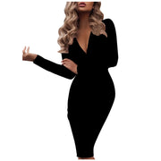 Evening Dress for Women Sexy Deep V Neck Long Sleeve Solid Bodycon Midi Dress Luxury Autumn Elegant Office Work Dresses