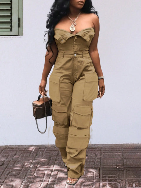Solid Color Casual Overalls Jumpsuit, Sexy Straight Tube Tube Top Long Jumpsuit, With Pockets, Women's Wear